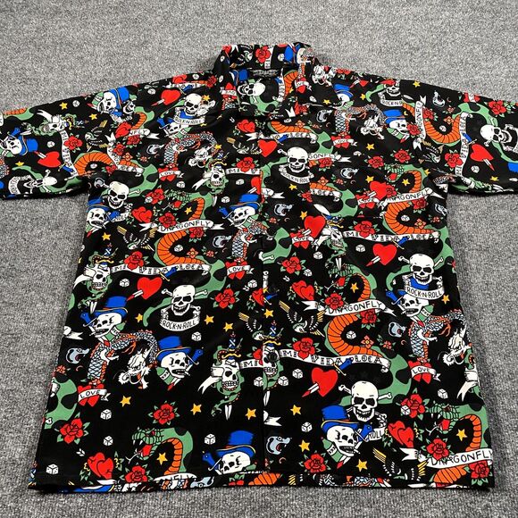 Dragonfly Mens Medium Skull Snake All Over Print Button Camp Shirt Mi Vida Loca - Picture 3 of 8